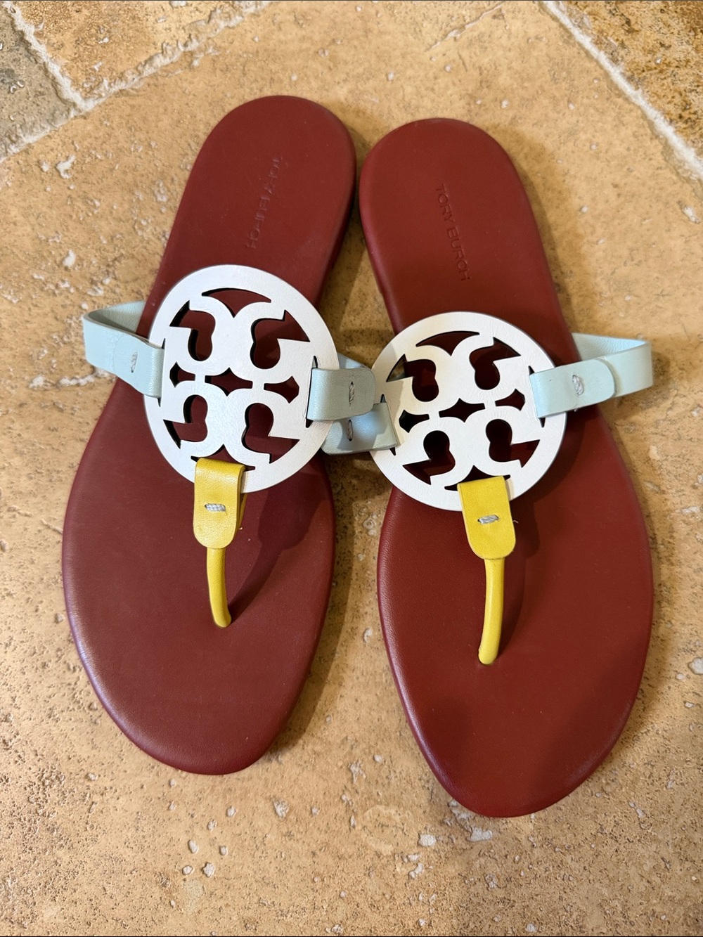 Tory Burch Miller Red Sandals with White Medallions and Yellow Accents